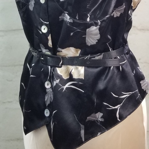 Vtg Dalmys 9 Black Floral Satin Belted Vest Top - Picture 3 of 6